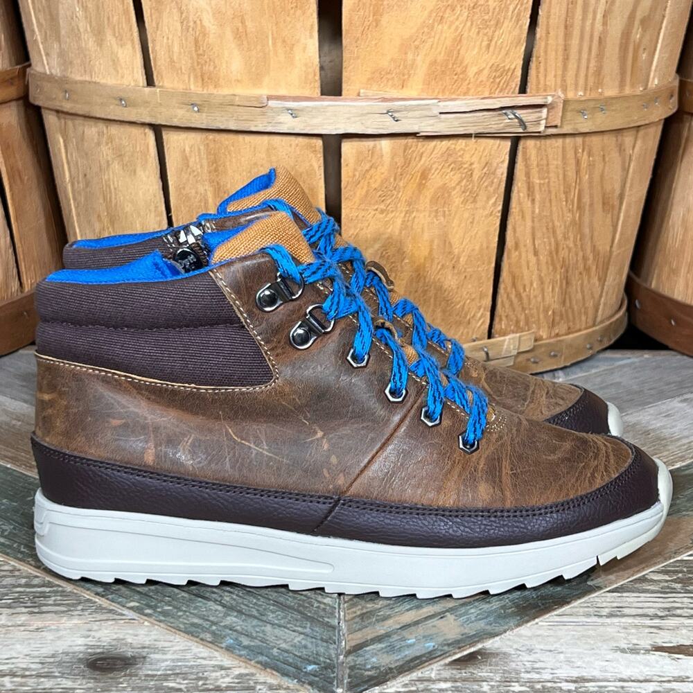 Clarks x Jack Nano Jaxton Run Brown Leather Blue Zip Up Laced Boots Boys Size 4